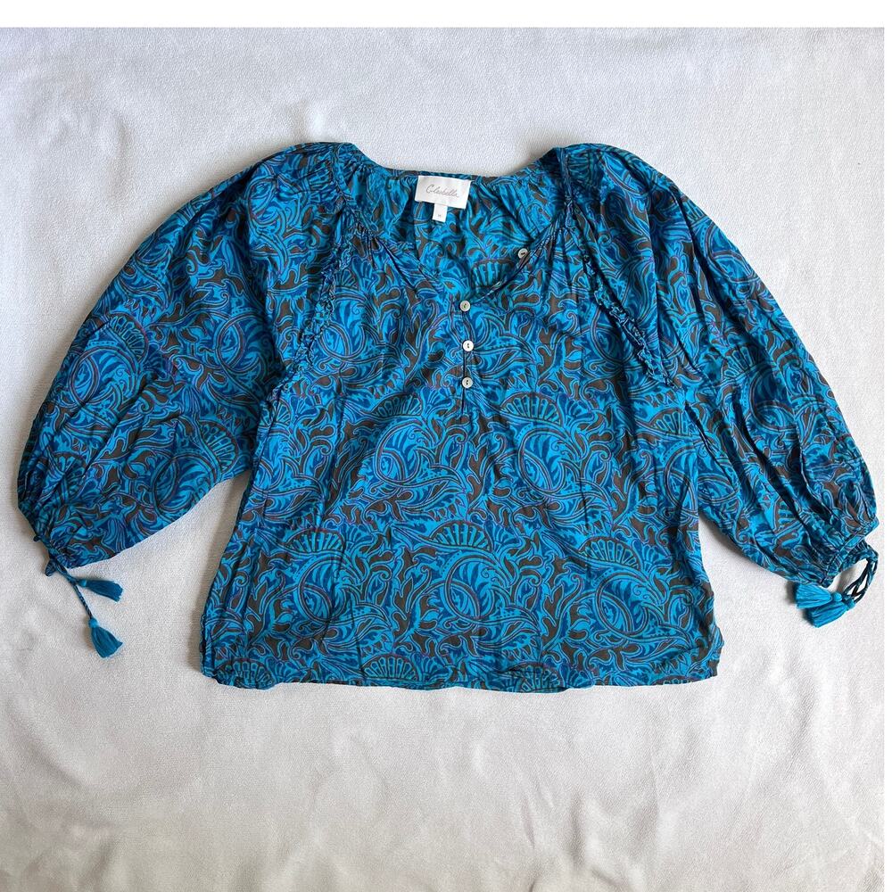 Cleobella Jayda Peasant Blouse Teal Brown Paisley Organic Cotton M
